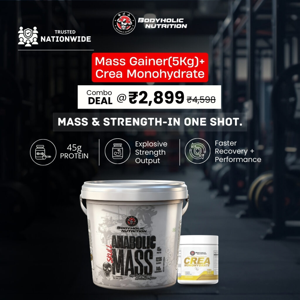 Bodyholic Nutrition Skull Anabolic Mass 5kg and Crea Monohydrate 50 servings combo pack for muscle gain and weight gain supplement