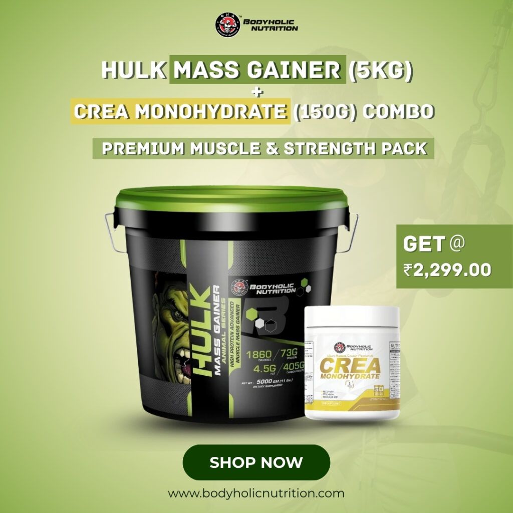 Hulk Mass Gainer (5kg) + Crea Monohydrate (150g) Combo (Inside bucket) | Premium Muscle & Strength Pack