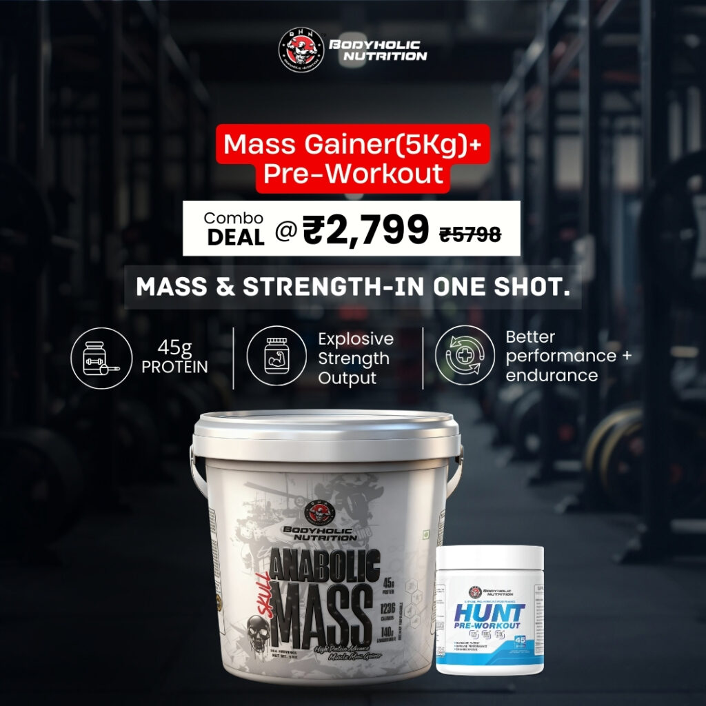 Bodyholic Nutrition Skull Anabolic Mass Gainer (5kg) + HUNT Pre-Workout Combo | Heavy Bulking Stack