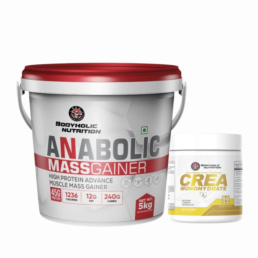 Bodyholic Nutrition Anabolic Mass Gainer 5kg and Crea Monohydrate 50 Servings – High-Calorie Muscle Gainer with Creatine Supplement Combo