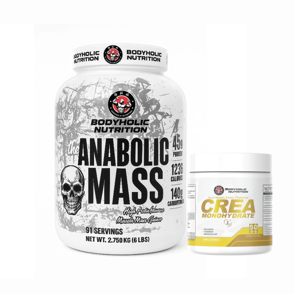 Bodyholic Nutrition Anabolic Mass 2.75kg and Crea Monohydrate 50 servings combo pack for muscle gain and weight gain supplement