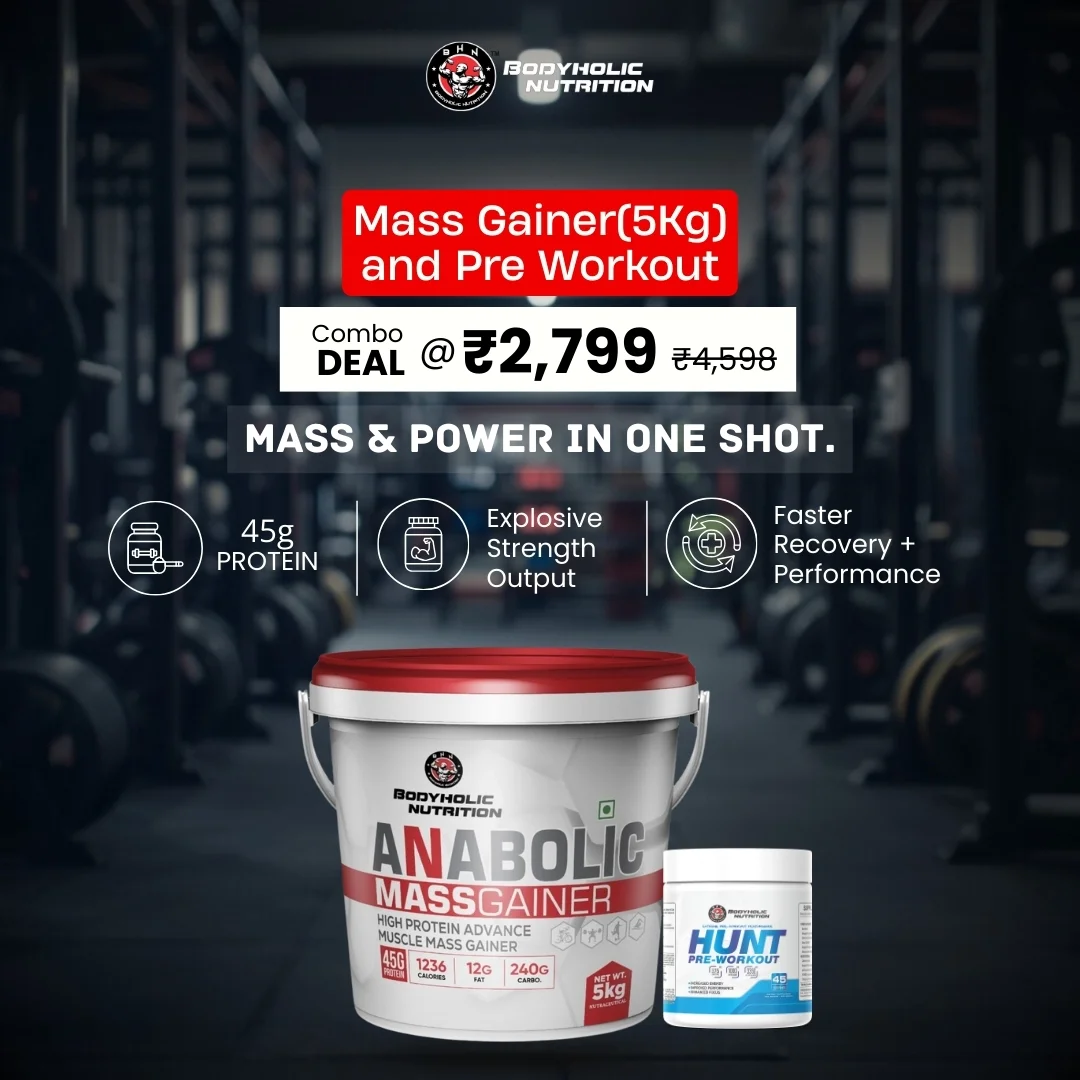 Anabolic Mass Gainer (5kg) + HUNT Pre-Workout Combo | High-Calorie Bulking Stack